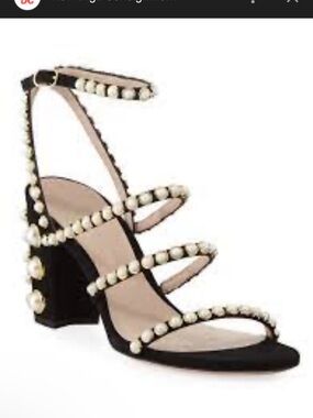 Stuart Weitzman Black Pearl-Embellished Strappy Block Heel Sandal